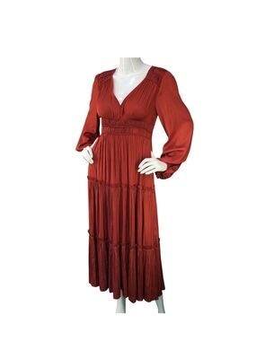 Anthropologie Rust Maxi Dress with V-Neck and Bishop Sleeves